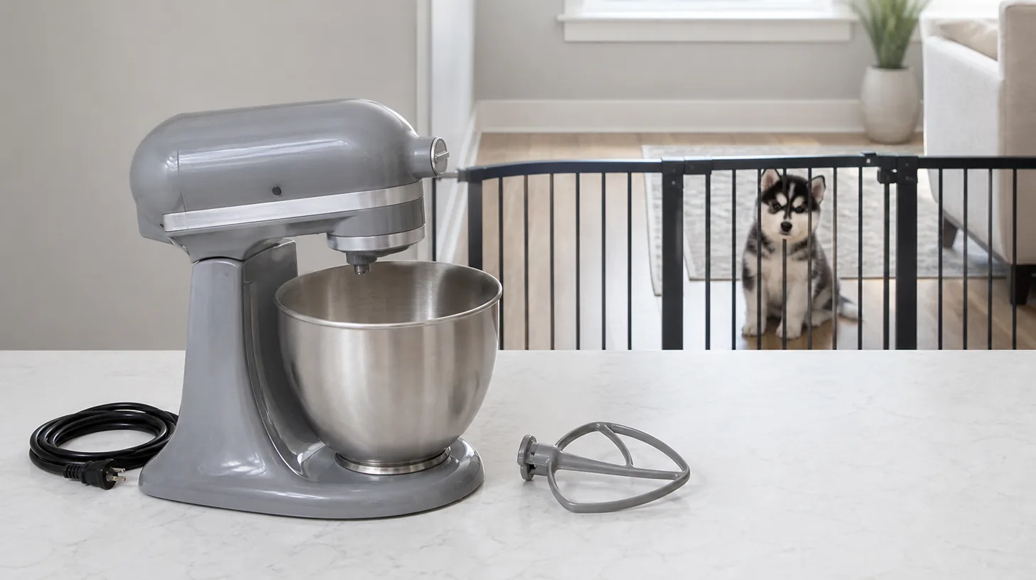 An unplugged empty stand mixer and detached beater rest away from a gated Pomsky puppy