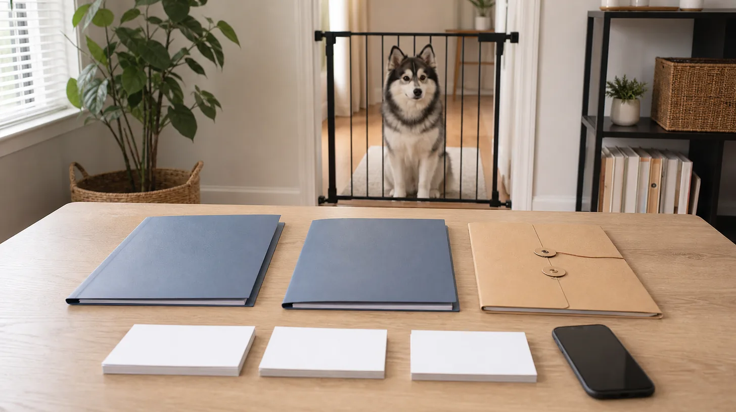 Blank puppy identity folders and reconciliation cards with a Pomsky safely behind a gate