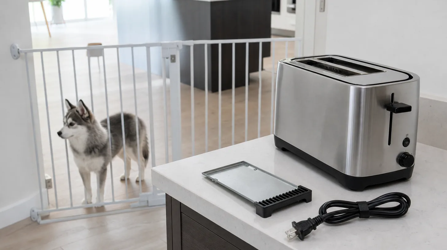 Cool unplugged toaster and empty crumb tray with a Pomsky puppy behind a gate