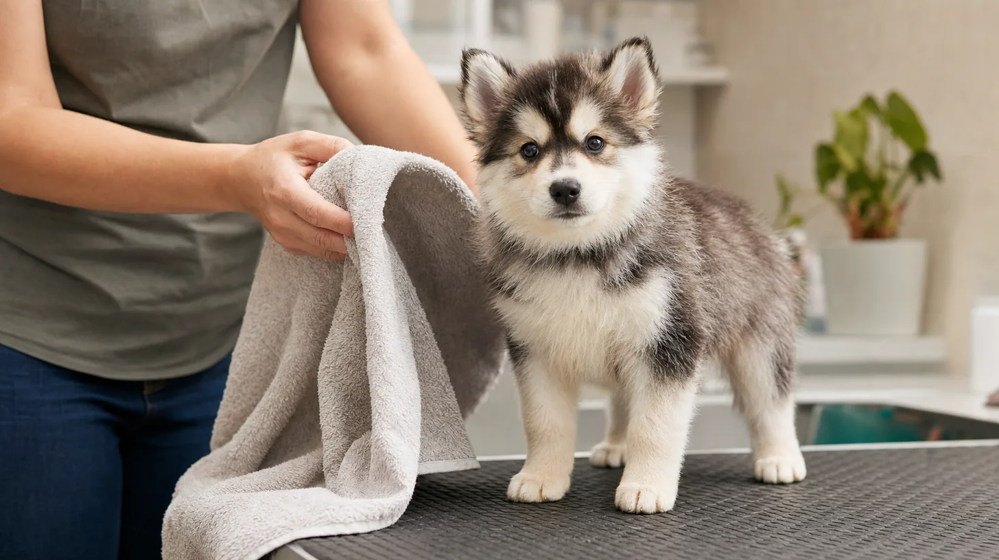 Pomsky puppy stands on a nonslip mat as a caregiver holds an open towel nearby