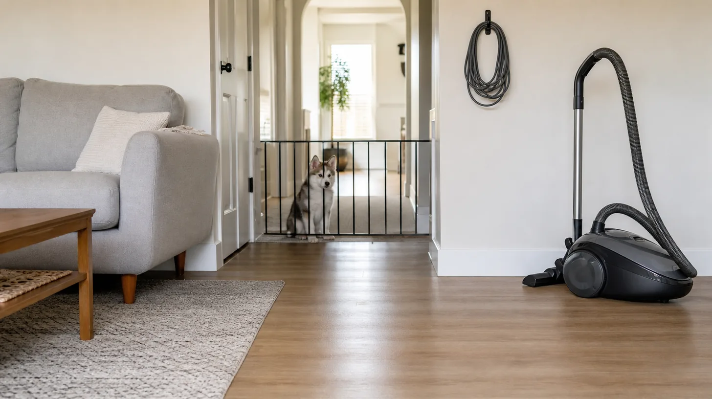 A Pomsky puppy observes an unplugged vacuum from a retreat area behind a gate