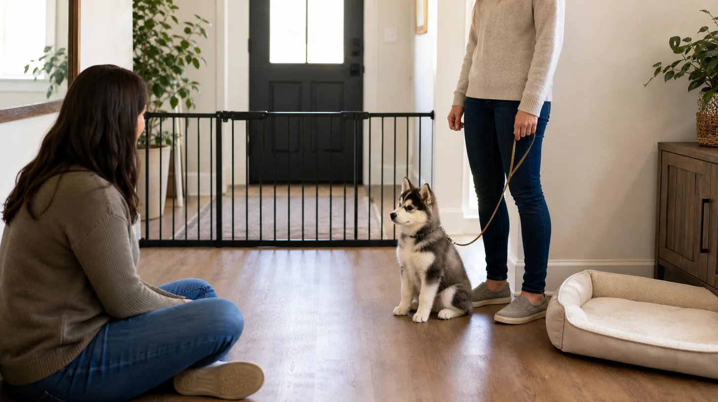 Pomsky puppy observes a seated visitor from behind a secure indoor gate with a caregiver nearby