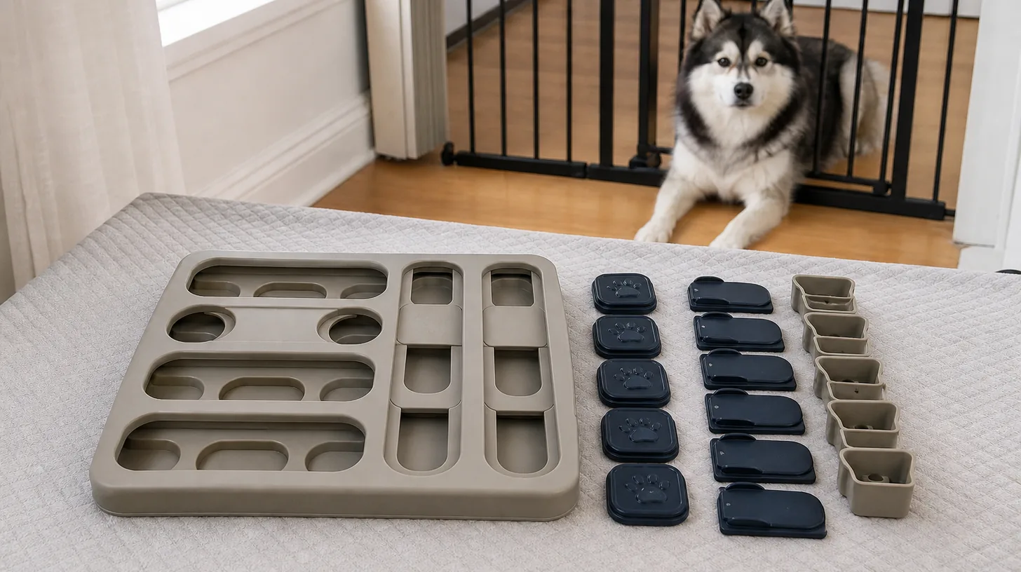 A puzzle board and its removable pieces are laid out away from a gated Pomsky