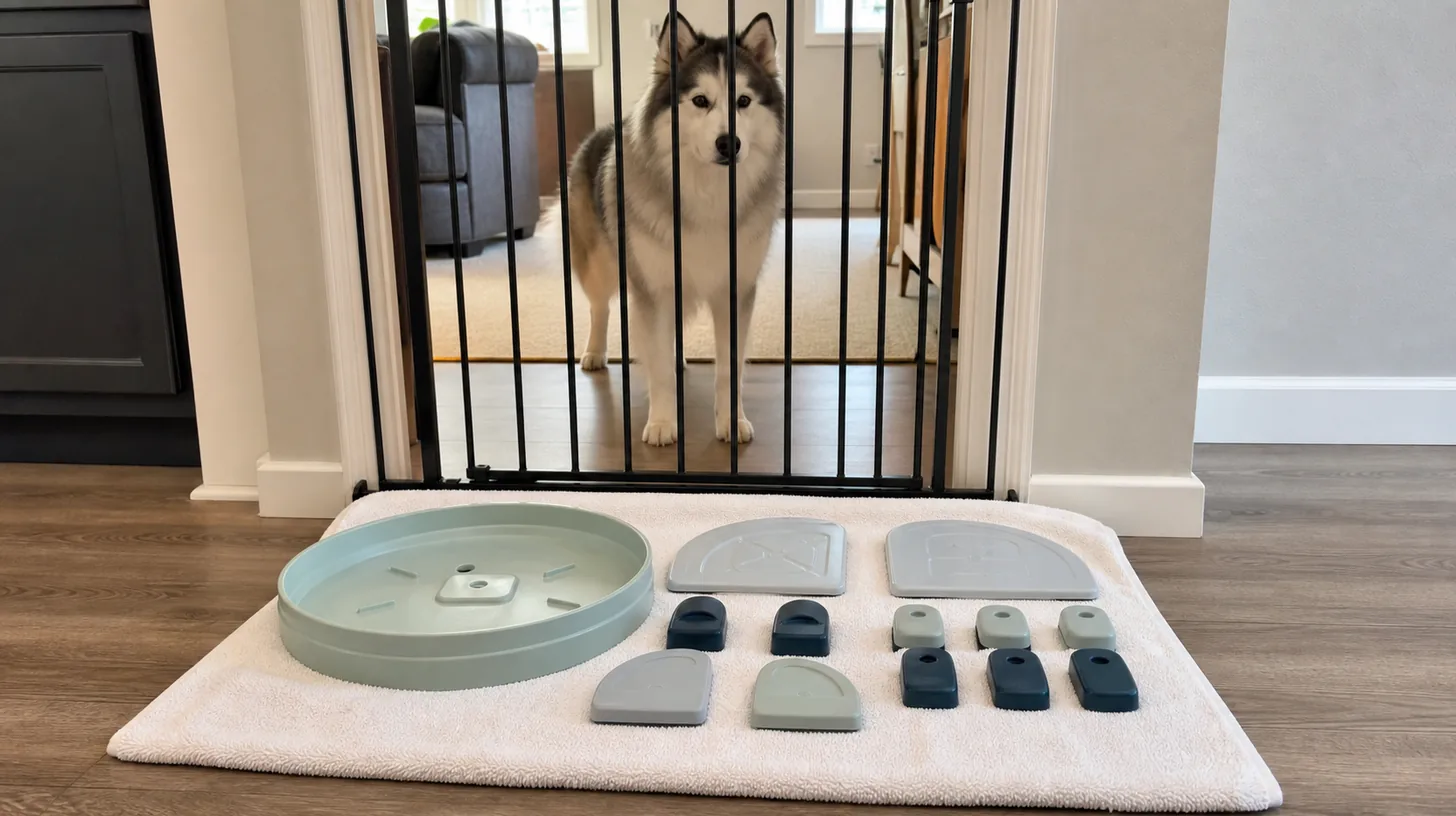 Puzzle-feeder pieces are counted on a towel while a Pomsky waits behind a gate