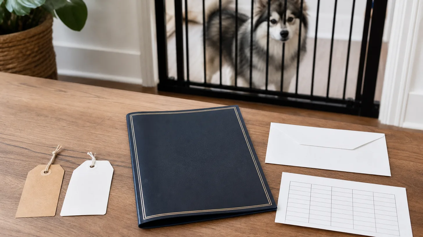 Blank old and new tag cards, a certificate folder and version log sit away from a gated Pomsky