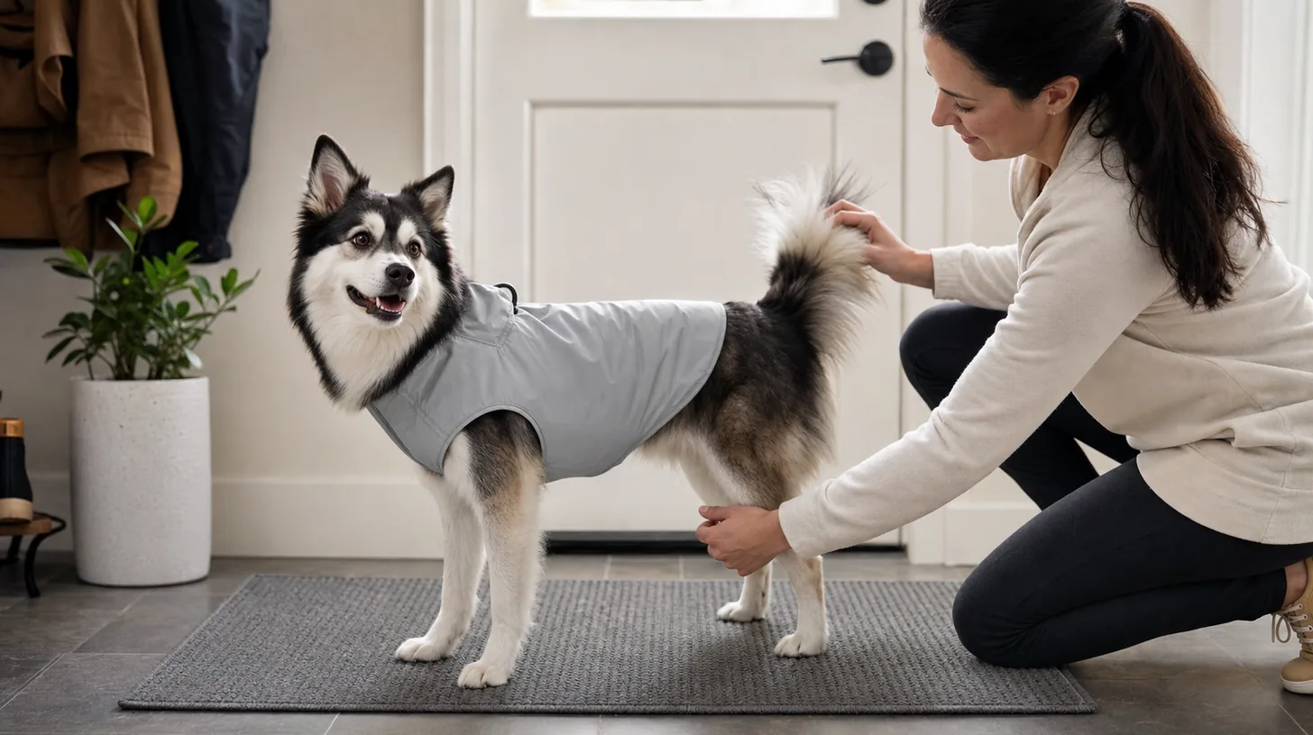 Caregiver checks leg and tail clearance on a Pomsky wearing a plain fitted raincoat