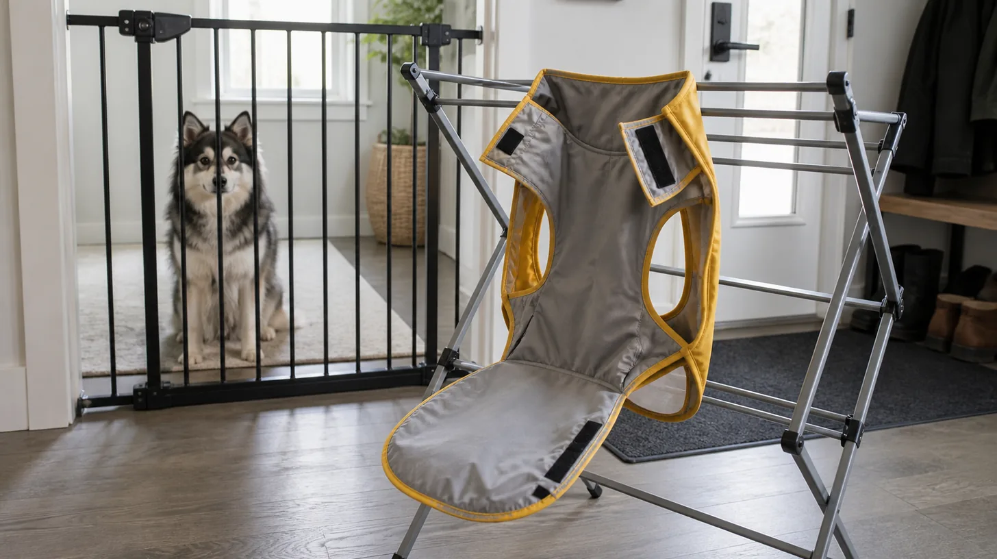 An empty dog raincoat hangs fully open to dry while a Pomsky waits behind a gate