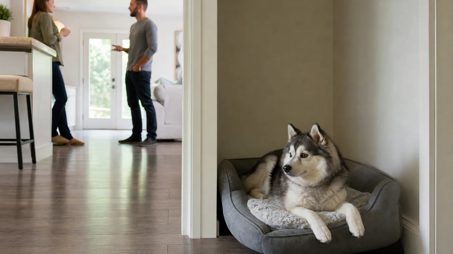 A Pomsky rests in a quiet retreat while adults talk in another room