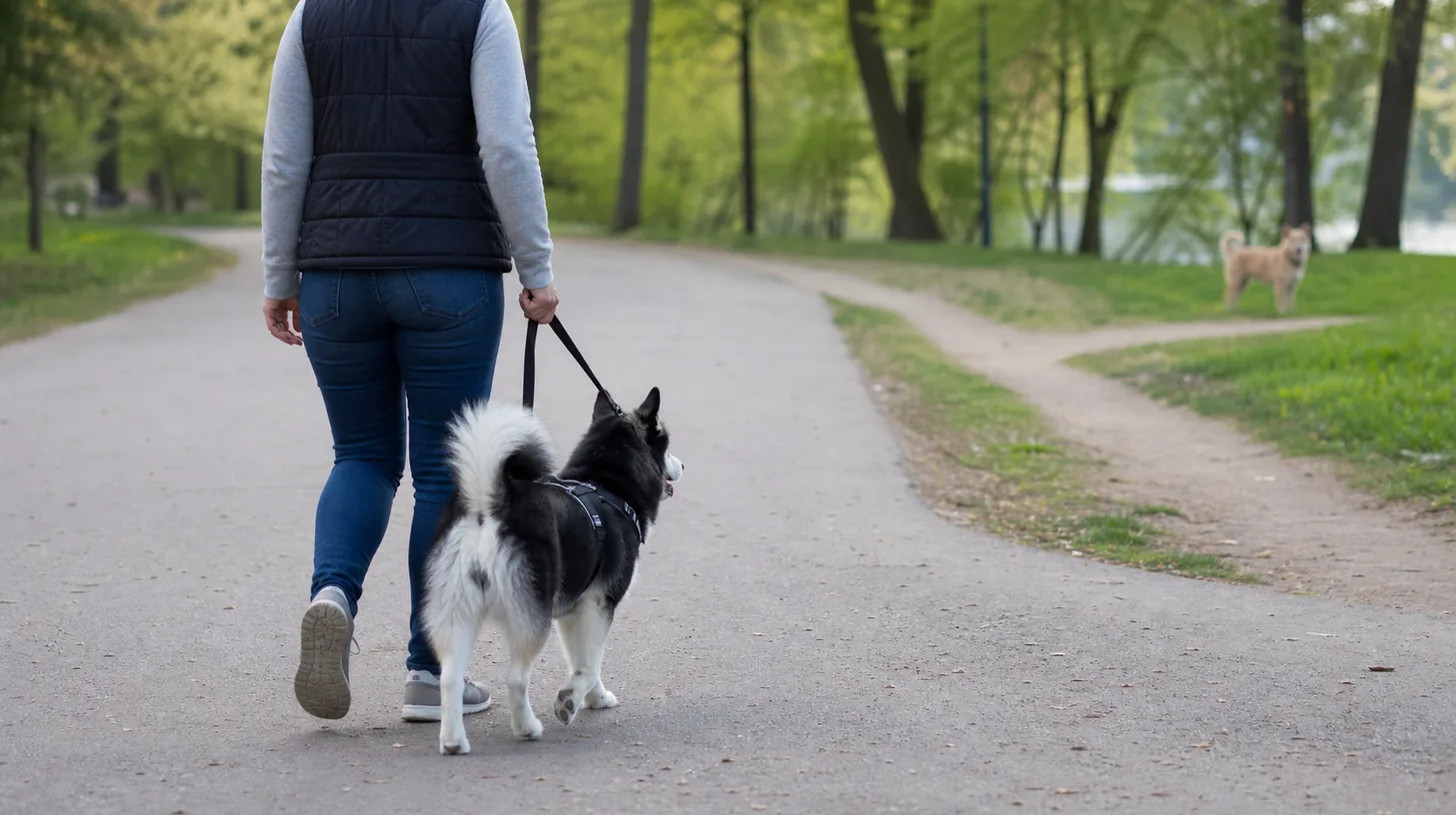 A Pomsky walks on a quiet route while maintaining distance from another dog