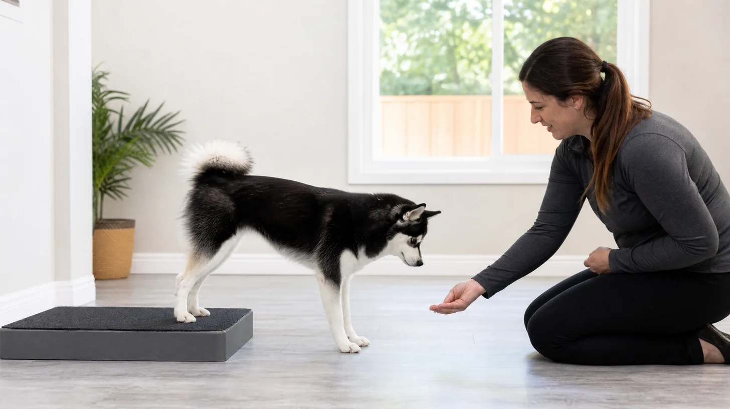 Pomsky voluntarily placing the rear paws on a low wide nonslip platform