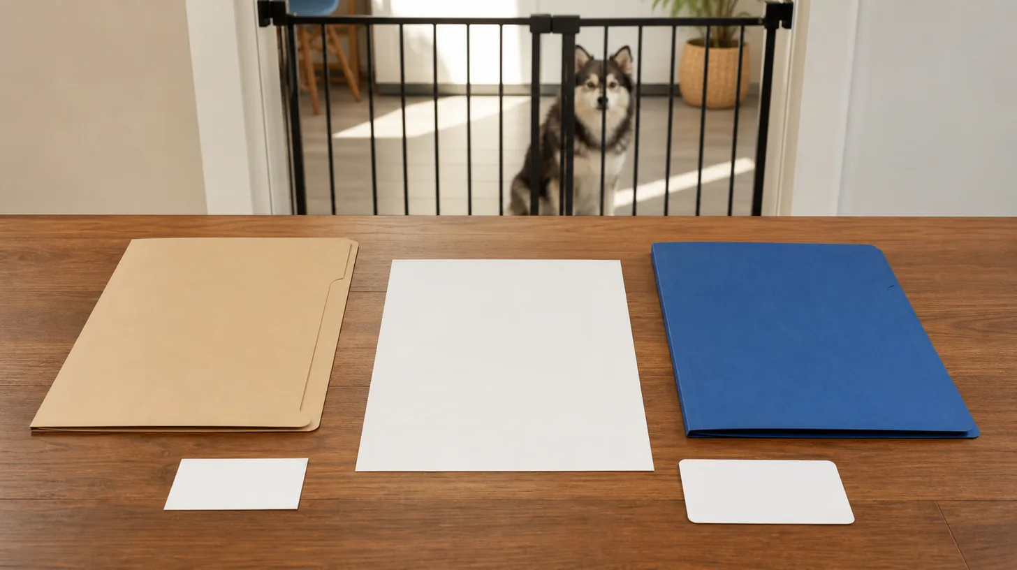 Blank referral closure sheets and folders sit on a clean table away from a gated Pomsky