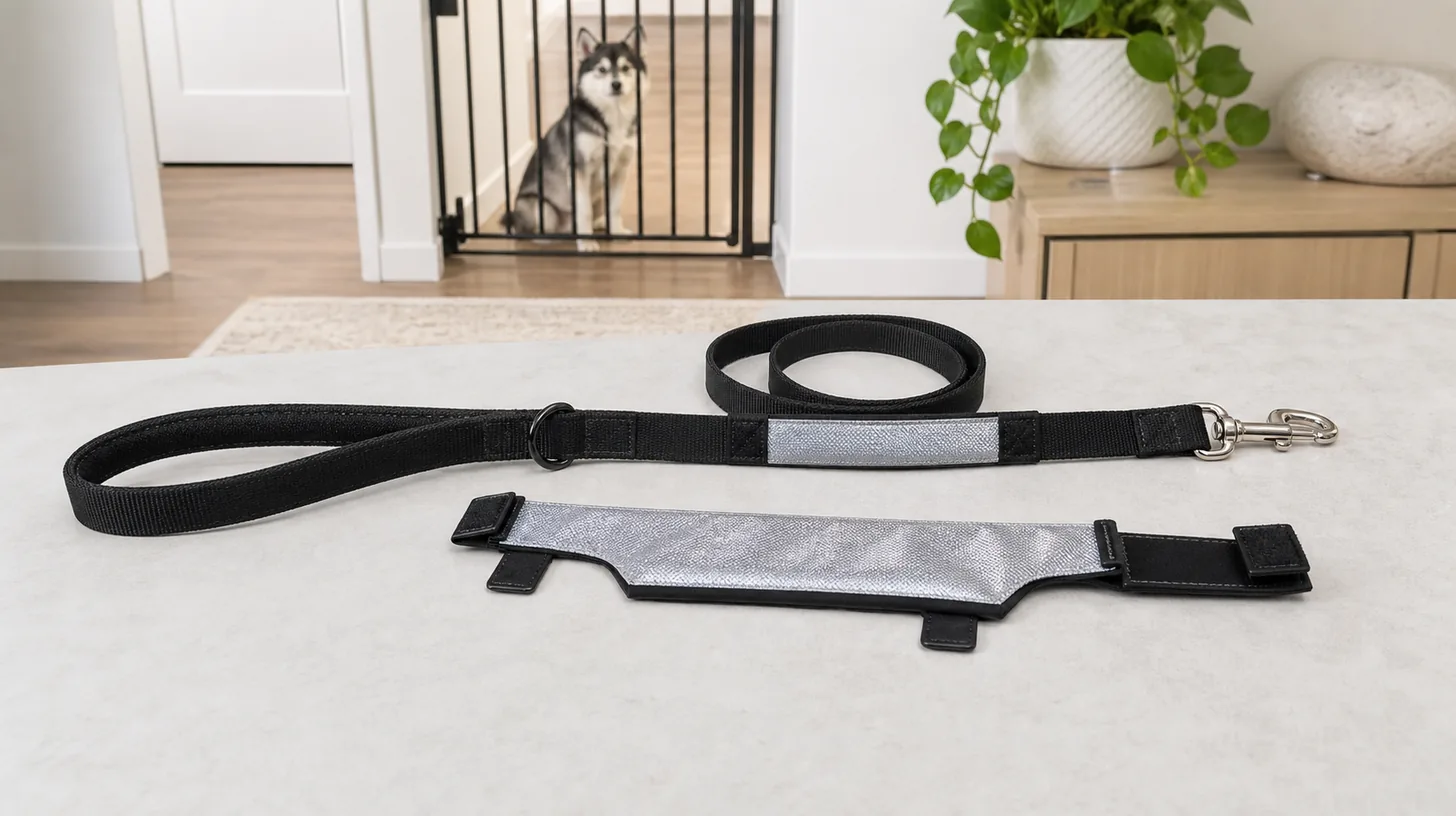 Flat leash and detached reflective sleeve with closures and attachment loops visible