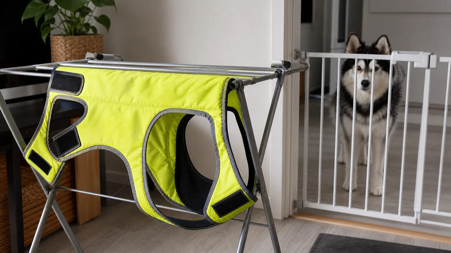 An empty reflective dog vest hangs open to dry while a Pomsky waits behind a gate