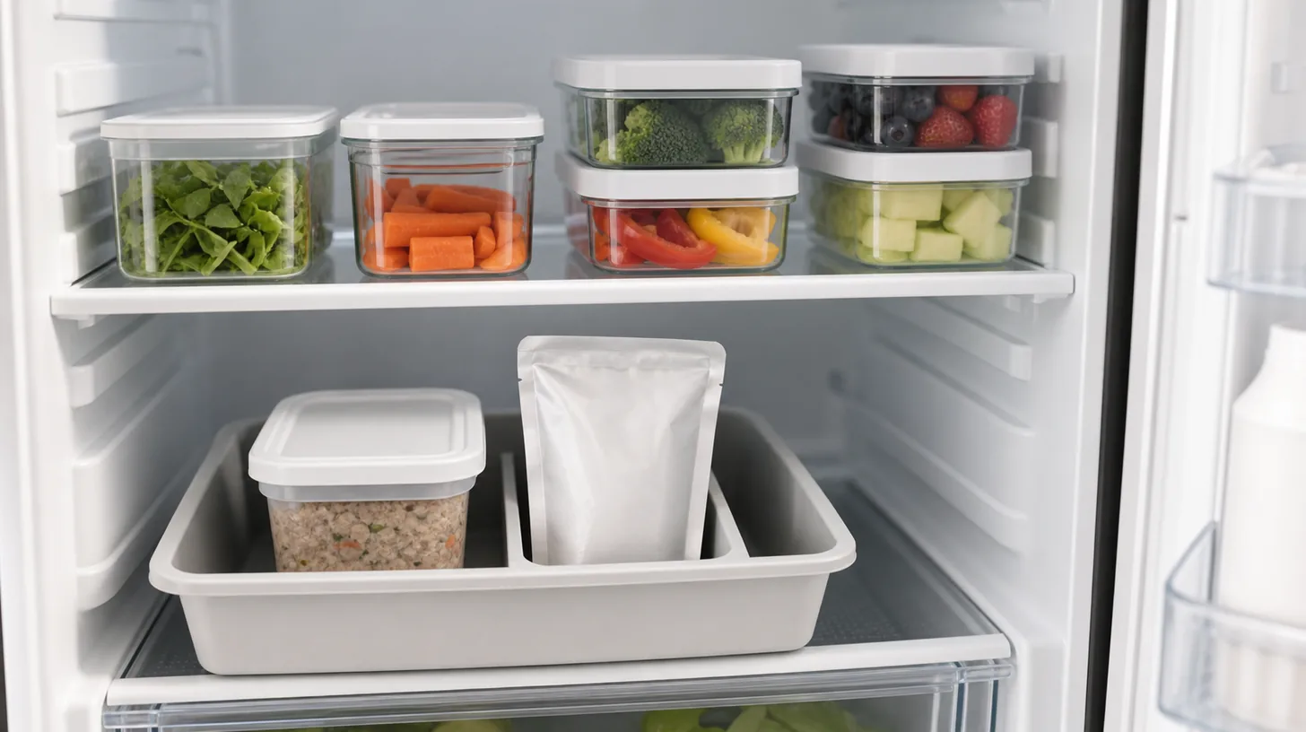 Closed Pomsky food container in a separate clean refrigerator bin with original package preserved
