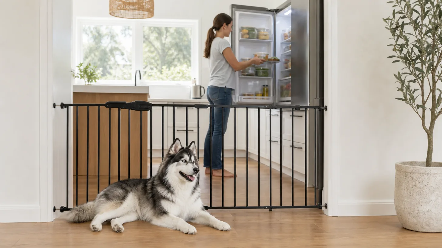 A Pomsky rests behind a secure gate while a caregiver loads a refrigerator
