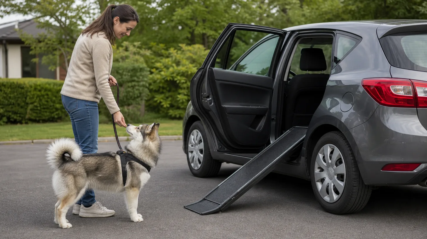 Pomsky stands on the ground before a nonslip car ramp while a caregiver rewards voluntary approach