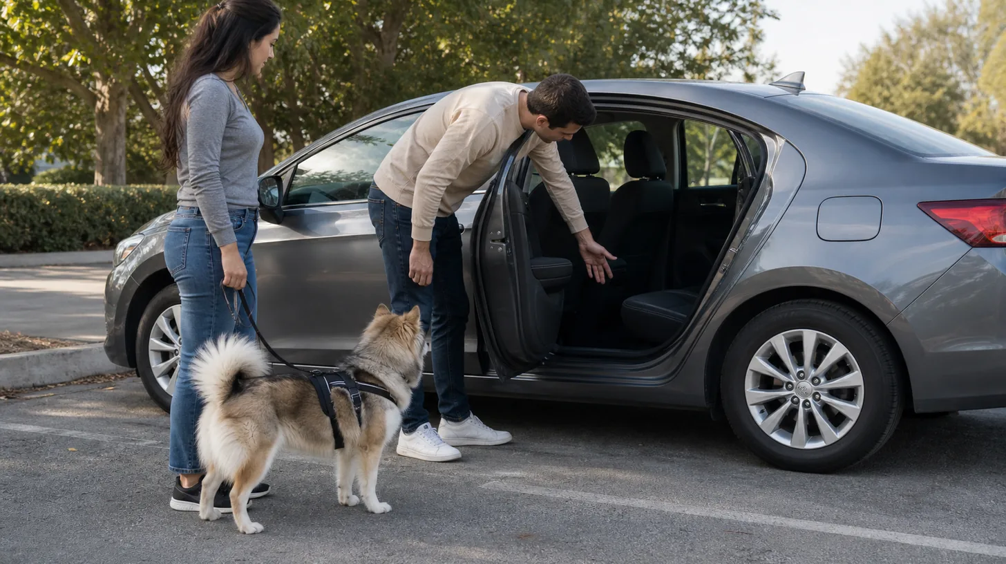 A Pomsky waits outside while adults inspect the empty rear seat of a parked car