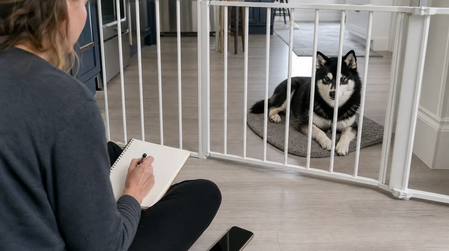 A Pomsky rests away from a gated floor area while a caregiver records an observation