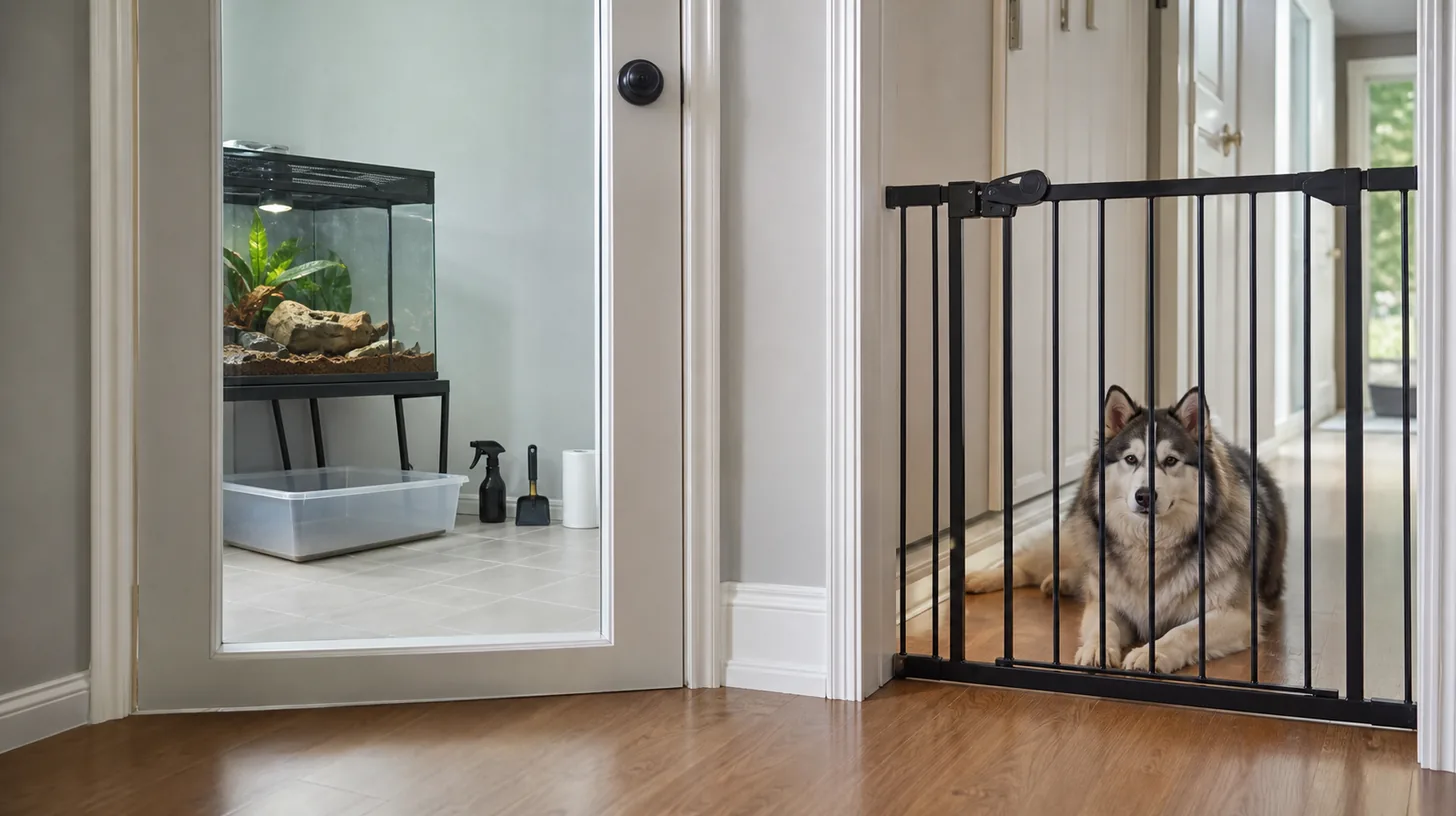 A Pomsky waits behind a gate outside a closed reptile care room
