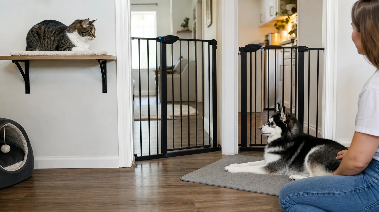 A Pomsky and resident cat observe each other through two secure barriers with separate retreat space