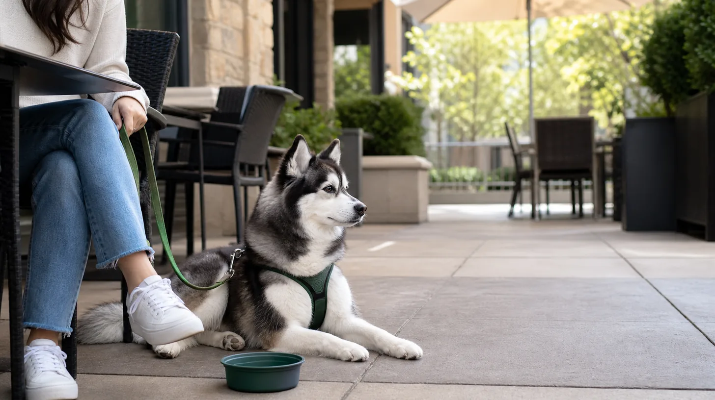 Pomsky in a plain body harness rests beside a caregiver on a spacious restaurant patio