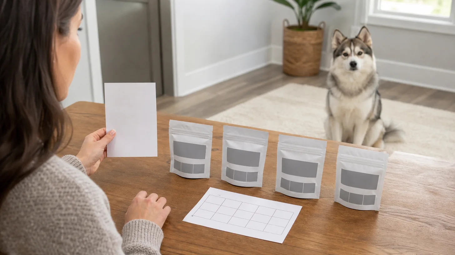 Caregiver compares four unbranded treat packages with a blank diet instruction and approval grid