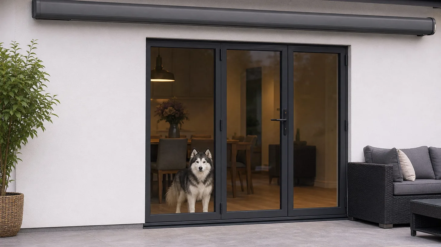 A fully retracted patio awning is secured above a Pomsky waiting indoors