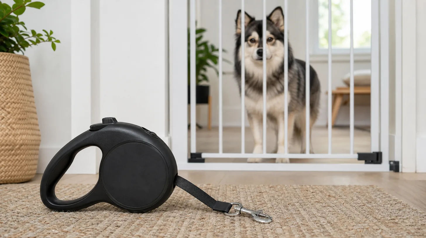 A plain retractable leash with short tape and clip rests away from a gated Pomsky