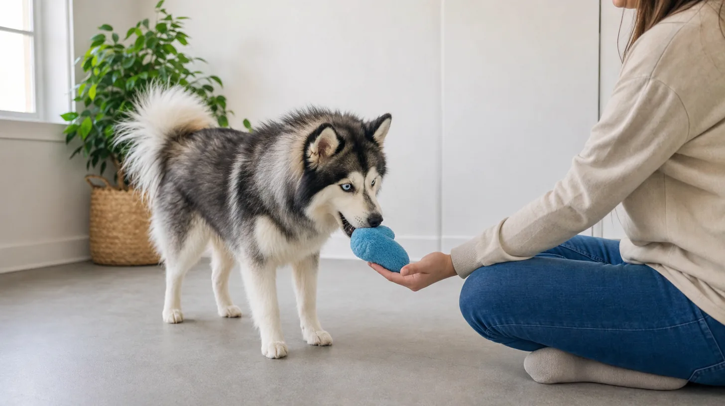 Pomsky calmly returning a soft toy to an open hand