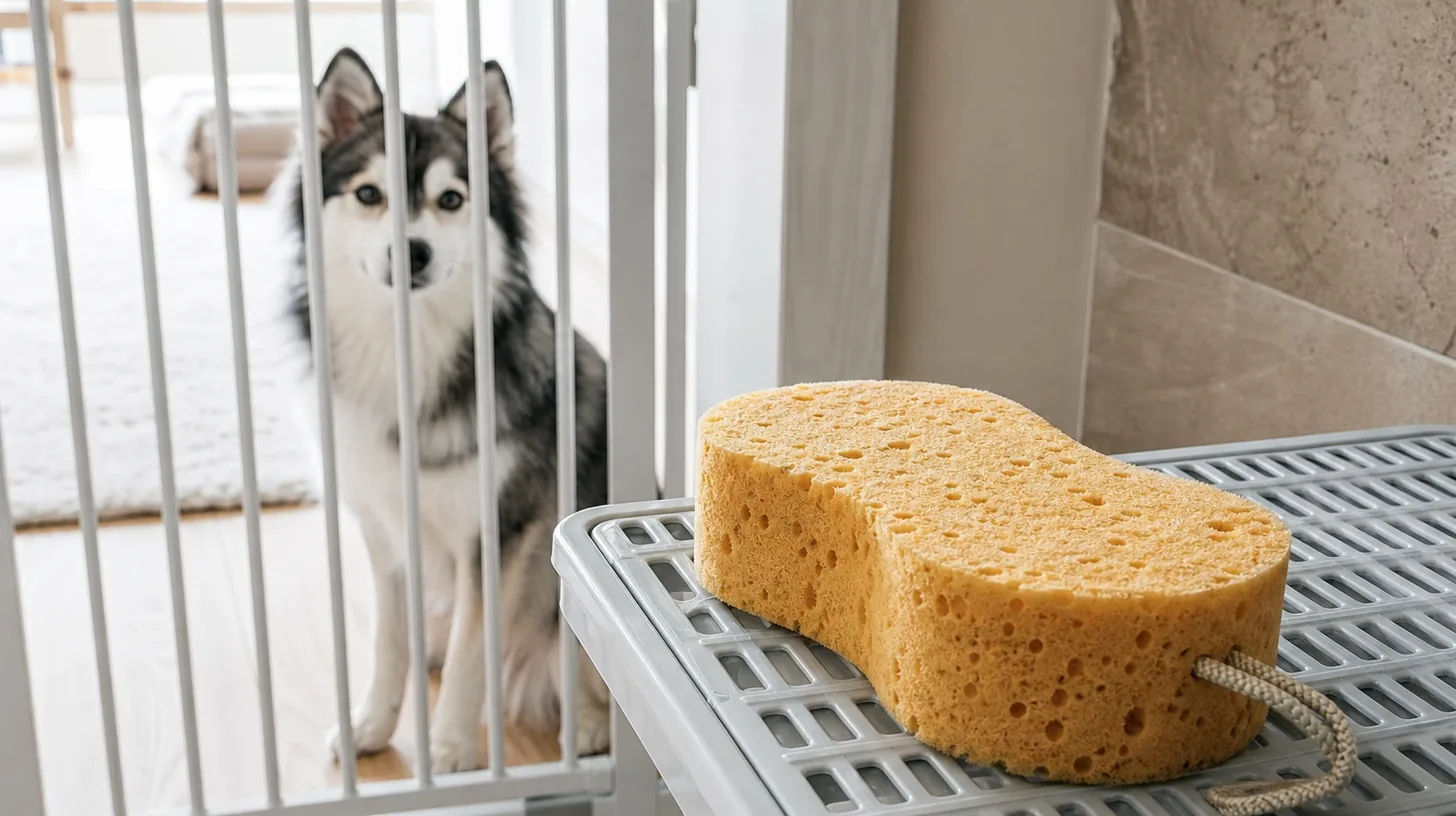 Reusable bath sponge drying with faces, edges, pores and hanging loop visible