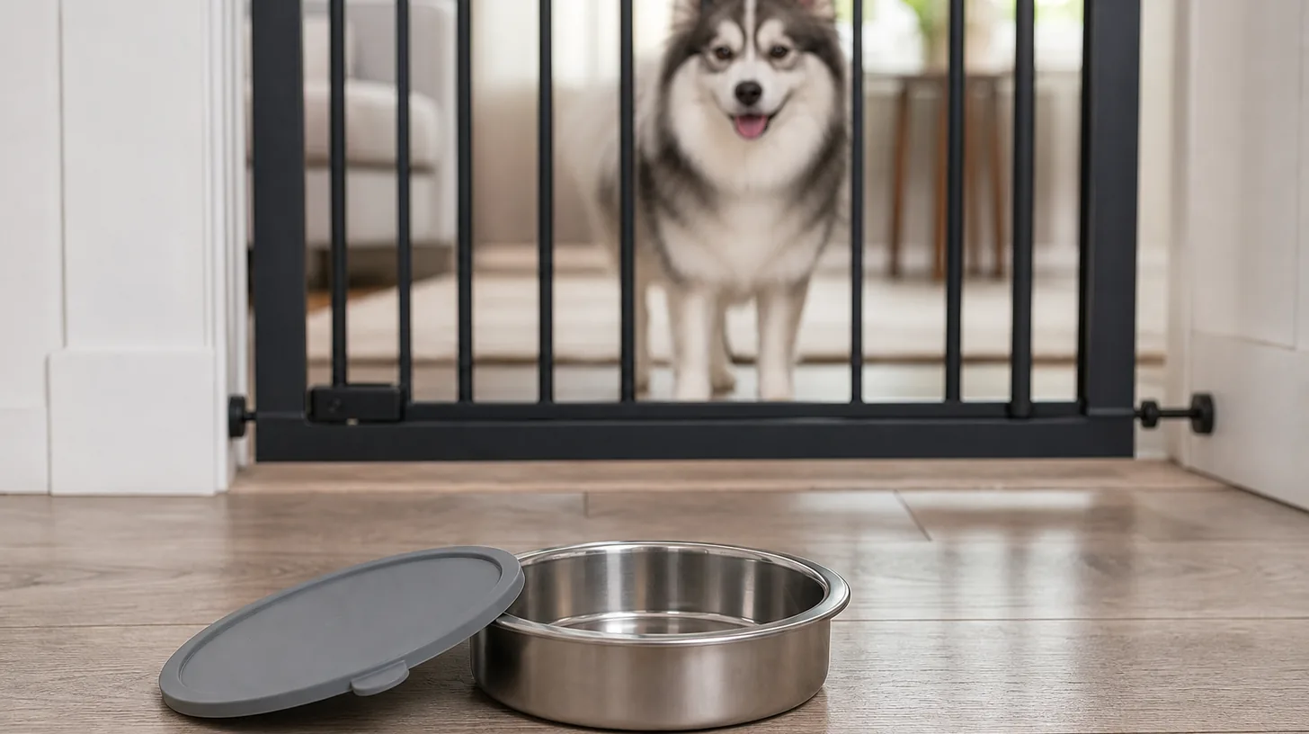 A clean reusable bowl lid and empty bowl sit away from a gated Pomsky