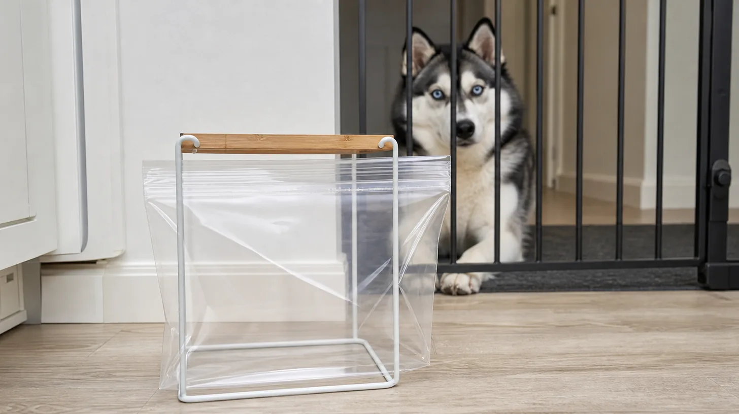 An empty reusable food bag dries open away from a gated Pomsky