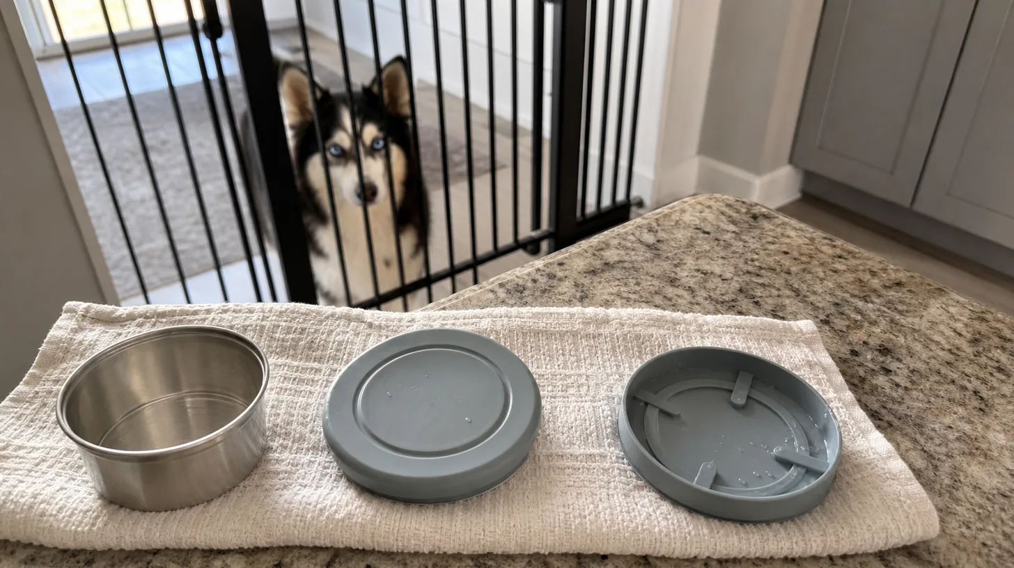 A reusable can cover is shown from both sides beside a clean empty can and gated Pomsky