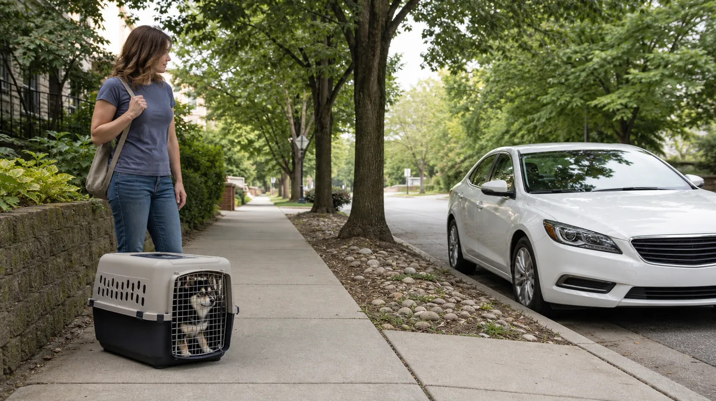 Caregiver with a contained Pomsky waiting on a protected sidewalk for a vehicle