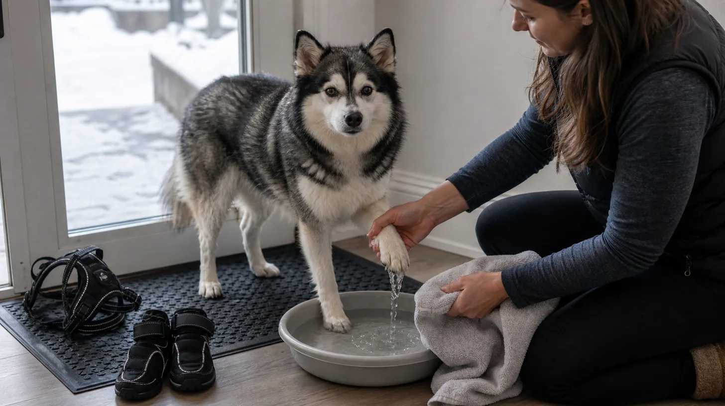 A caregiver rinses a Pomsky's paw with lukewarm water after a winter walk