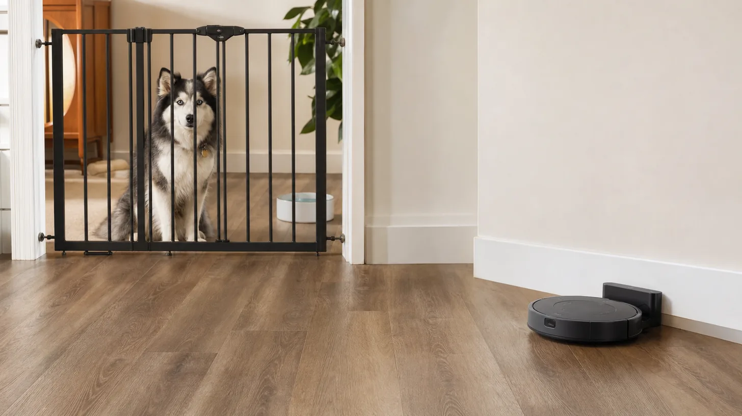 Pomsky waiting behind a secure gate while a robot vacuum remains at its dock in a cleared room