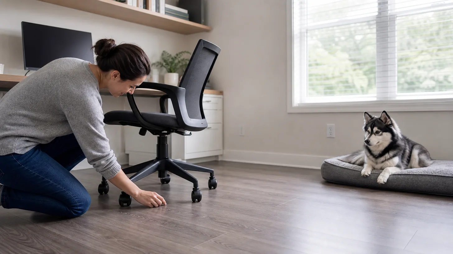 Caregiver inspects office-chair casters while a Pomsky rests outside the chair route