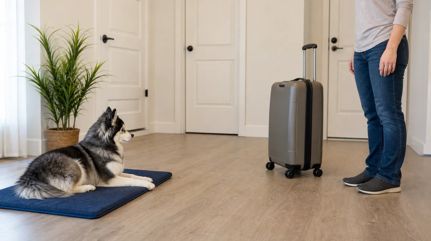 A Pomsky rests on a mat while observing a stationary rolling suitcase