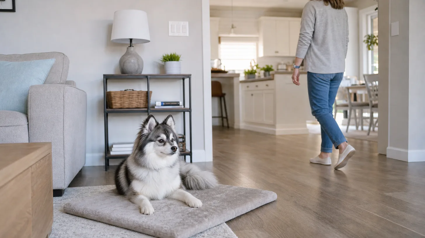 A Pomsky rests on a mat while a visible caregiver walks toward another room