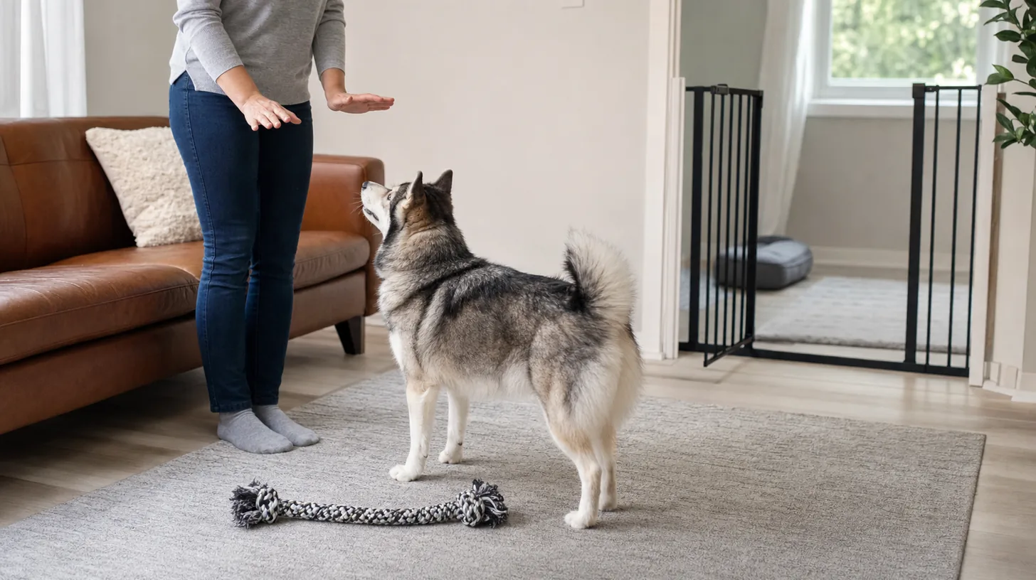 Caregiver pauses play while a Pomsky stands beside an intact long toy