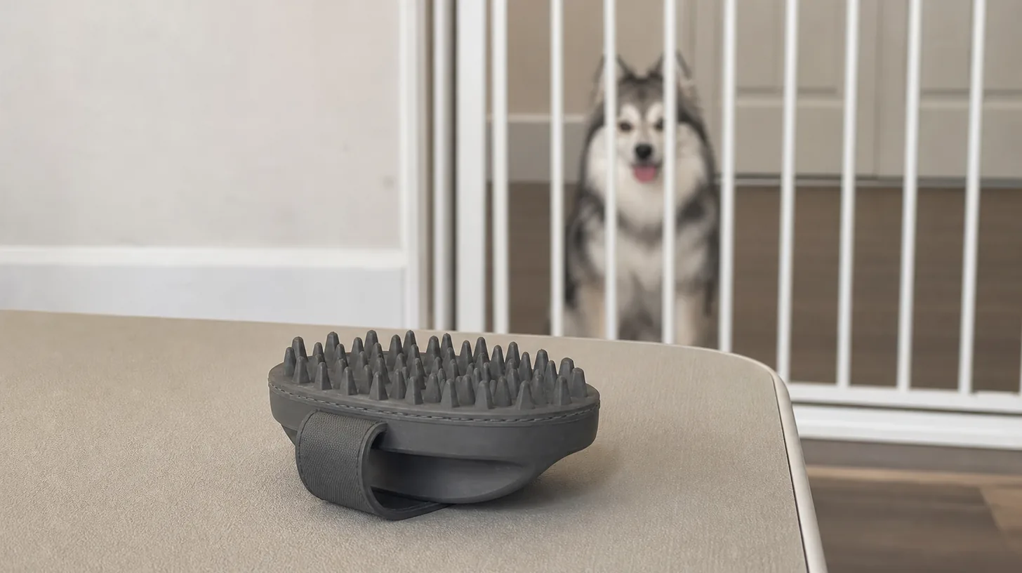 A clean rubber curry brush lies flat away from a gated Pomsky