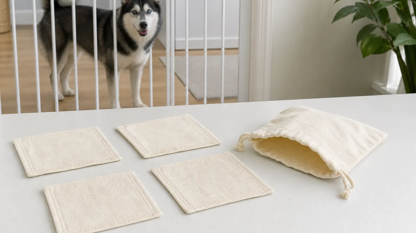 Four plain scent cloths and an open storage bag with a Pomsky behind a gate