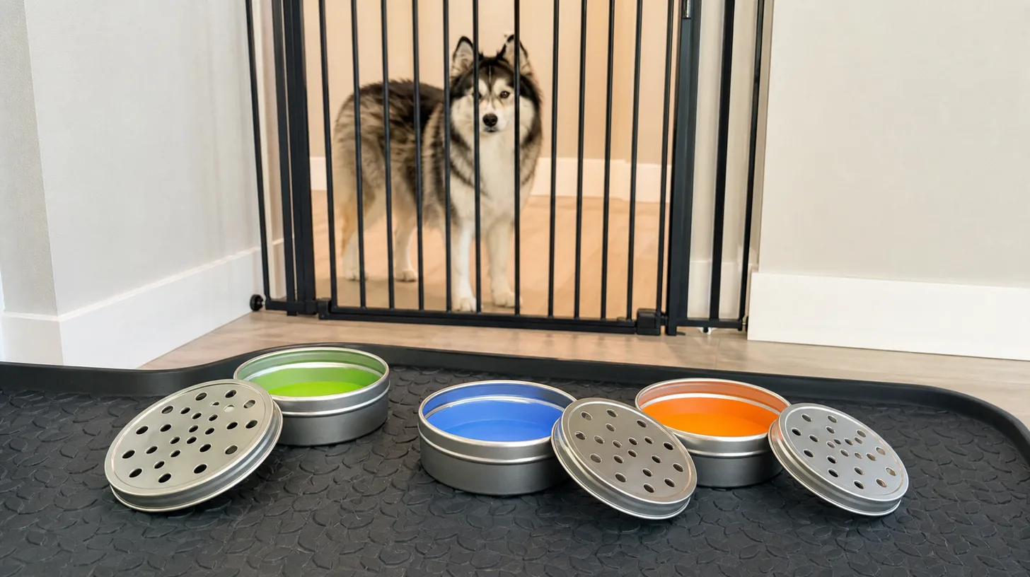 Empty perforated scent tins, lids and colored inserts rest on a dry mat away from a gated Pomsky