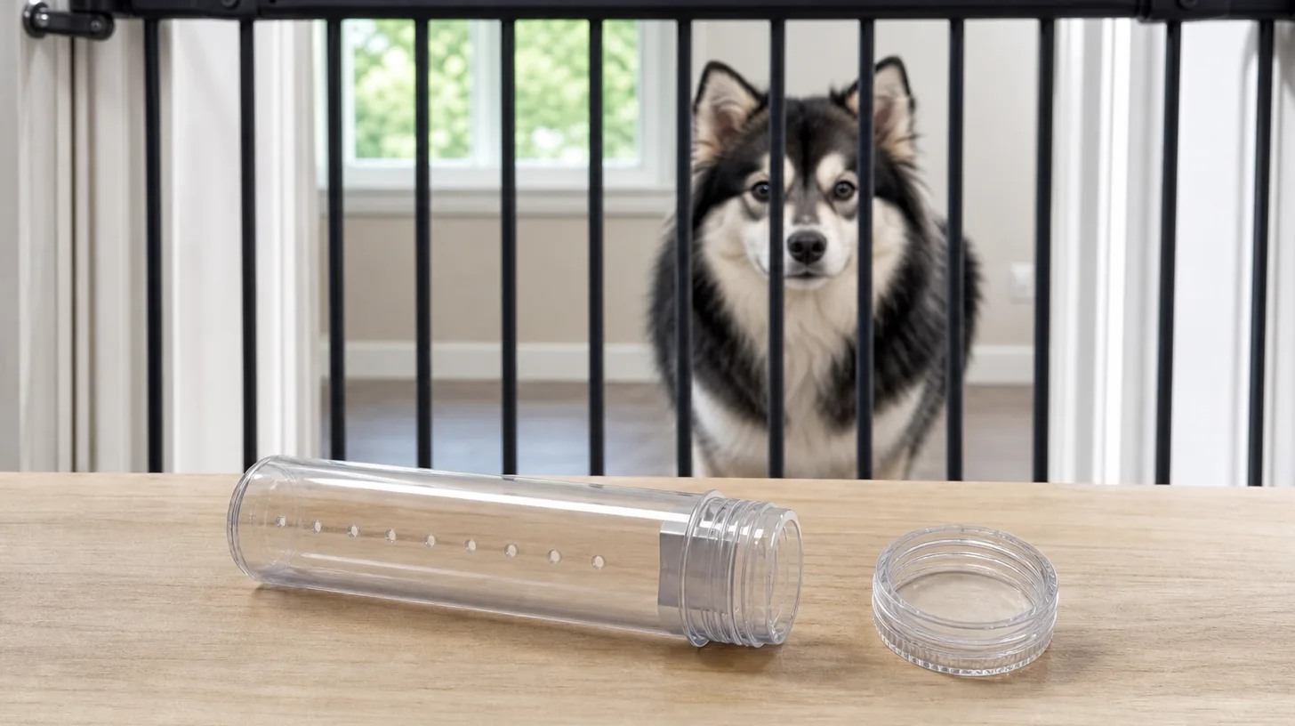 Plain empty scent tube with narrow interior, vent holes and separate threaded cap visible