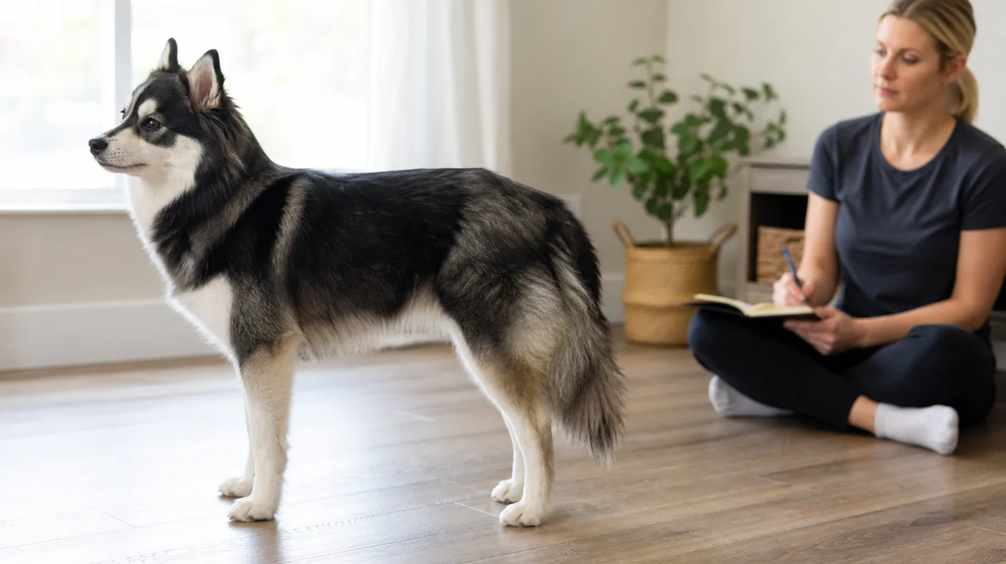 A Pomsky stands normally on clean flooring while a caregiver records an observation