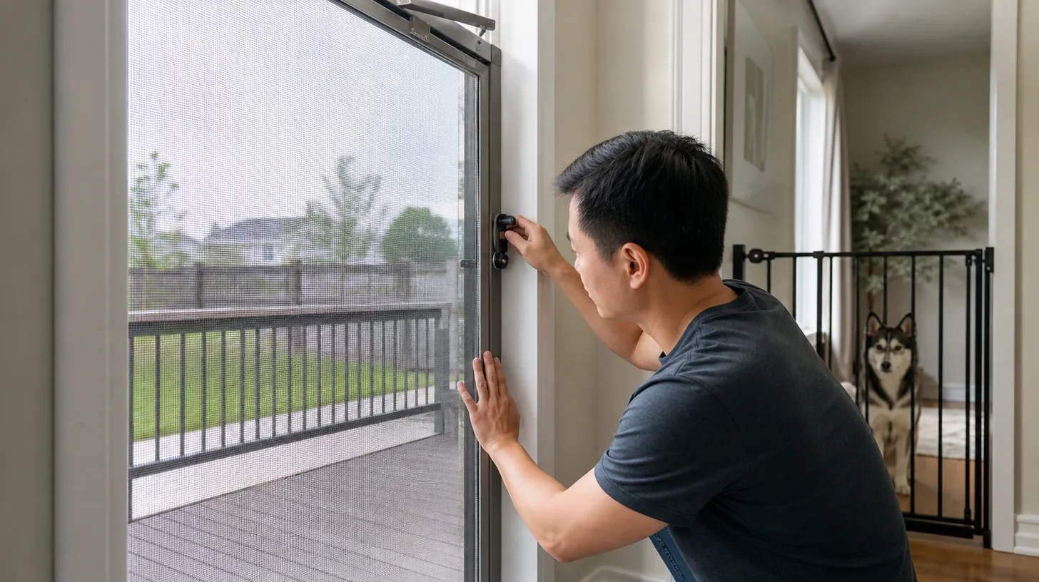 An adult checks a closed screen-door latch while a Pomsky waits behind a second gate