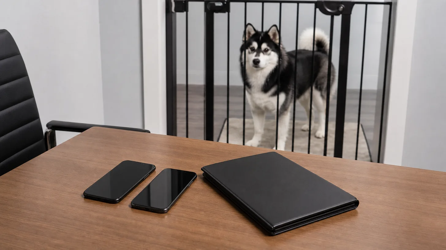 Two blank phones and a closed contract folder sit away from a gated Pomsky