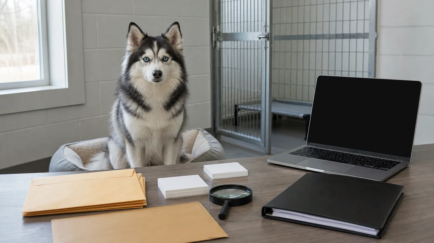 Pomsky sits beside plain document envelopes blank issuer cards a laptop magnifier and closed buyer folder