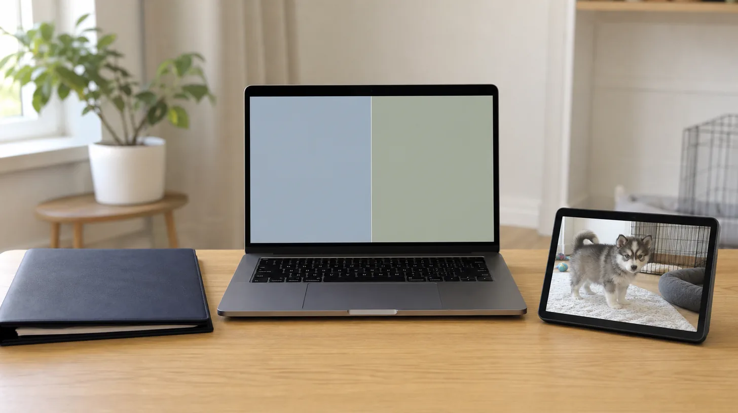 A blank video-call screen, closed contract folder and remote Pomsky puppy view sit on a desk