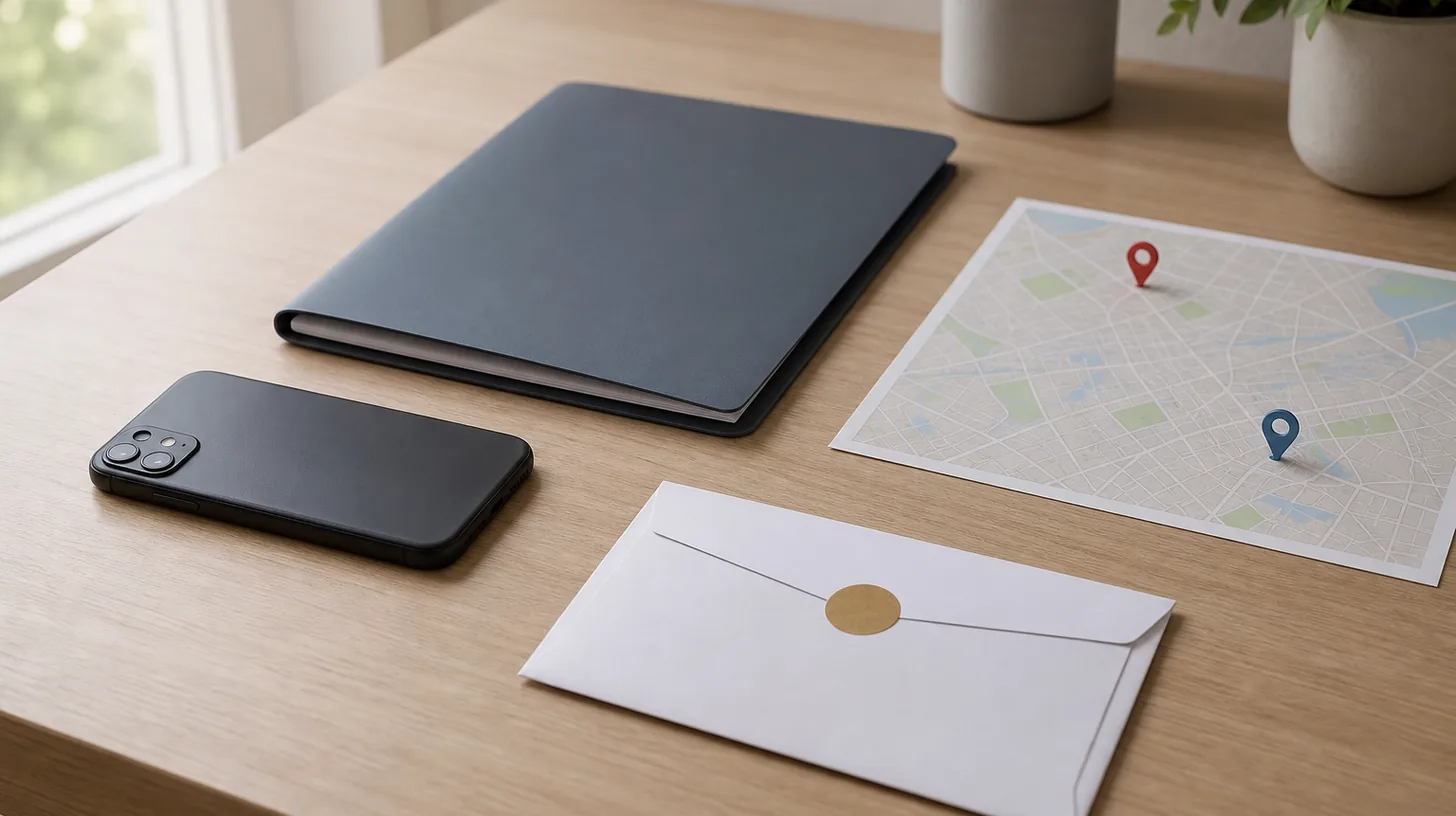 A face-down phone, closed folder, two map pins and sealed envelope support a meeting-change review